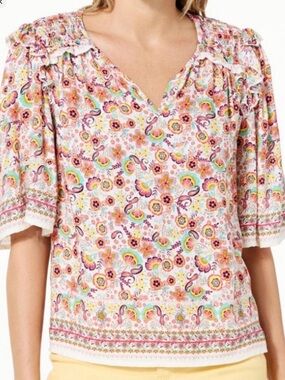 **Democracy * Pink Multi Floral Smocked Shoulder V-Neck Blouse
